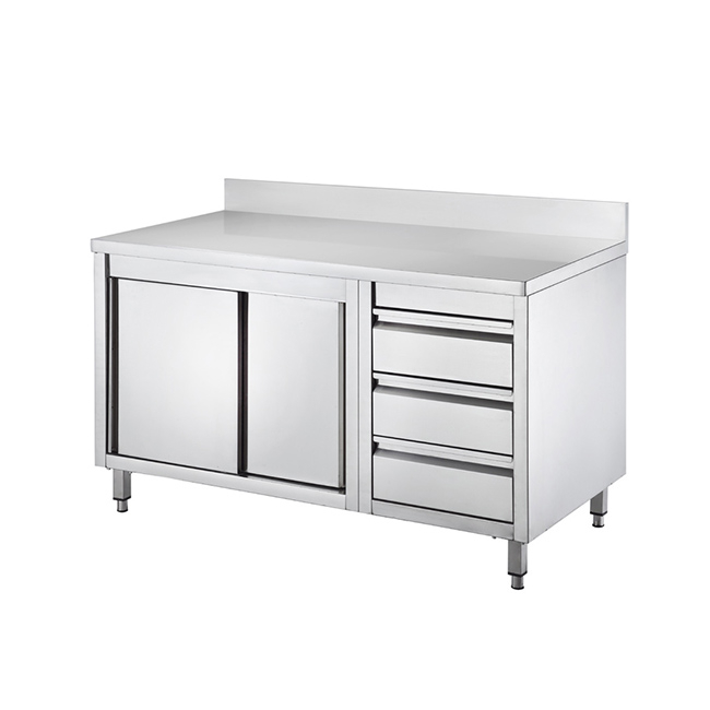 SS Sliding Doors Work Cupboard with Drawers And Back Splash