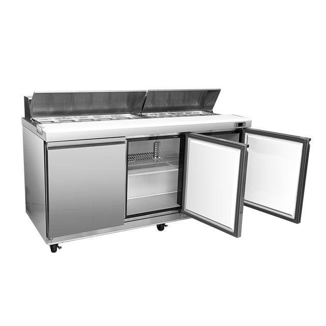 Commercial Salad prep table with two solid door refrigerated base