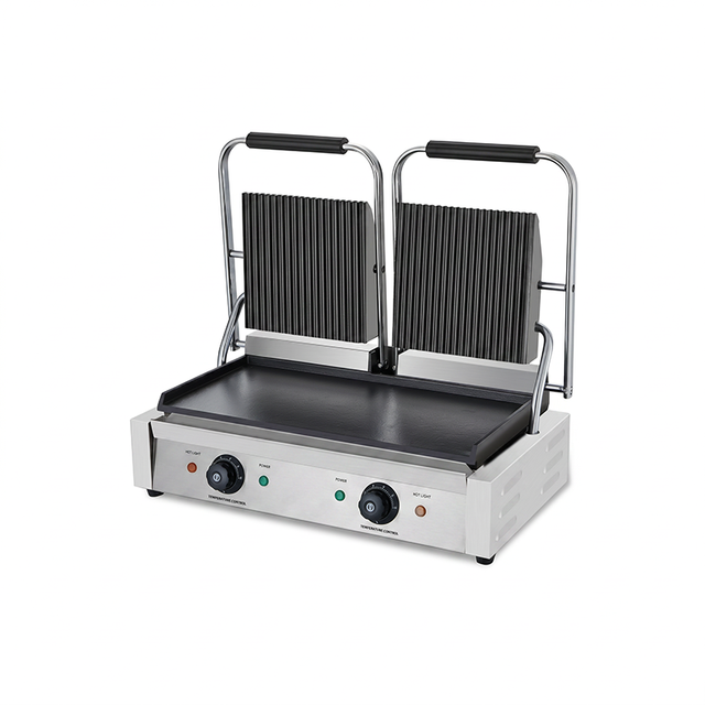 Double Contact Grill with Ribbed Top Flat Bottom Plate