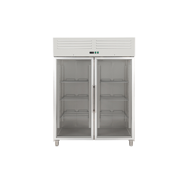 Double glass door upright freezer in a commercial kitchen