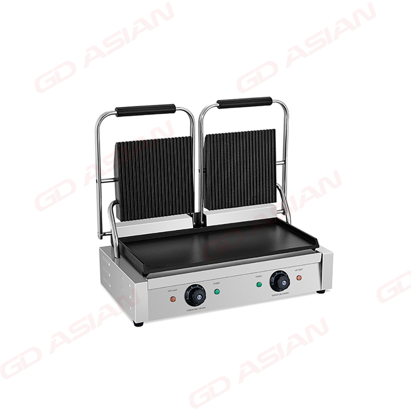 Double Contact Grill with Ribbed Top Flat Bottom Plate