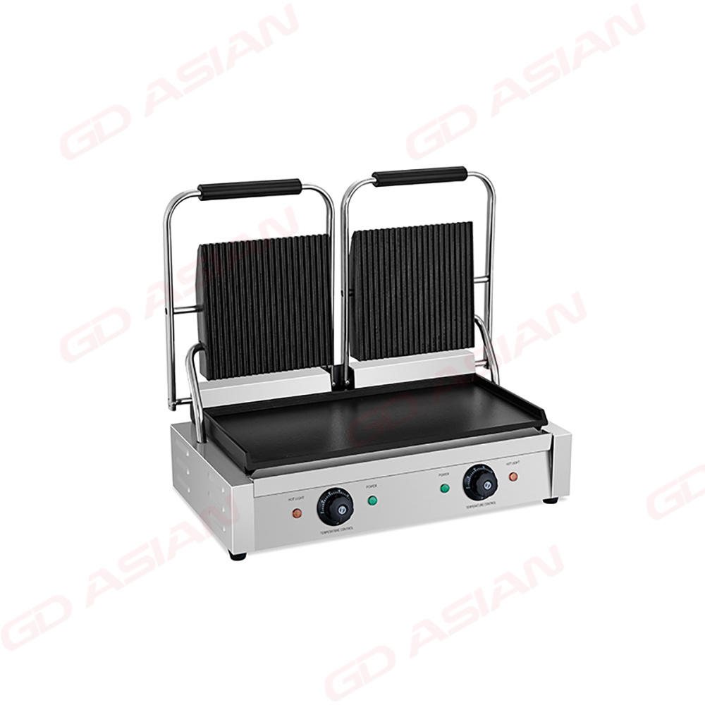 Double Contact Grill with Ribbed Top Flat Bottom Plate