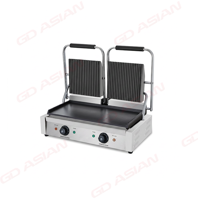 Double Contact Grill with Ribbed Top Flat Bottom Plate