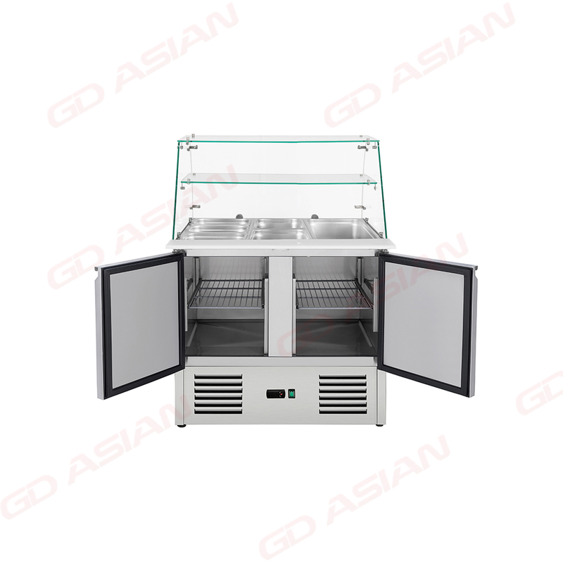 Double Door Stainless Steel Saladette with Glass Cover and Shelf