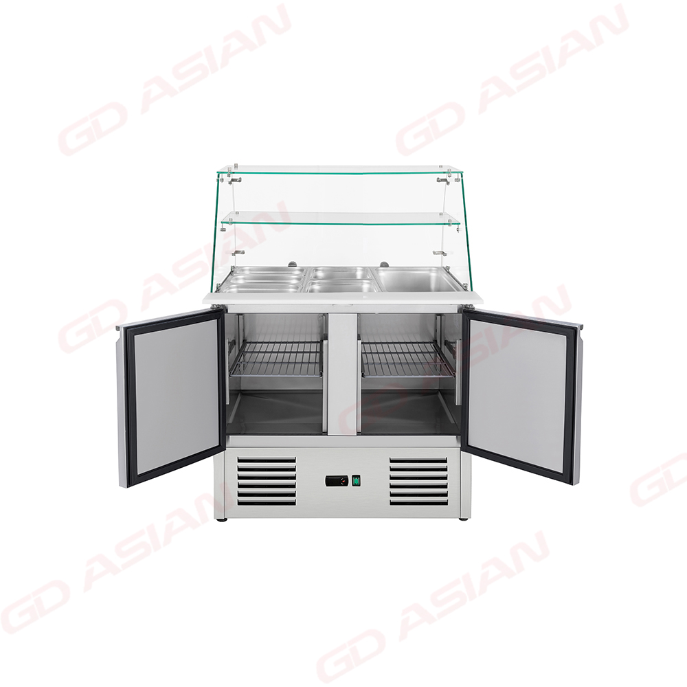 Double Door Stainless Steel Saladette with Glass Cover and Shelf